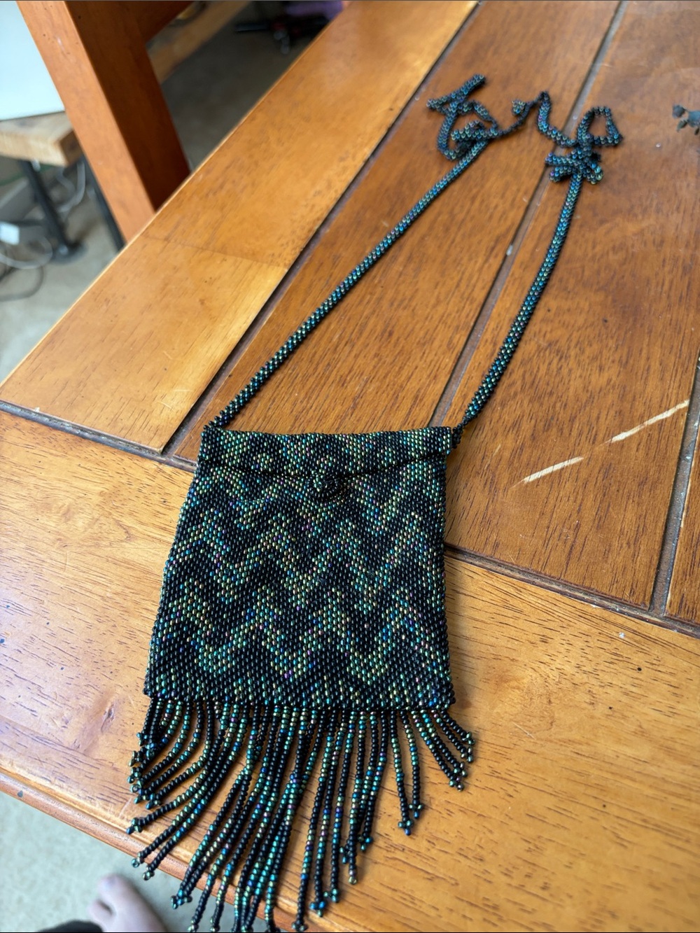 Beaded Fringe Neck Pouch - Black & Green